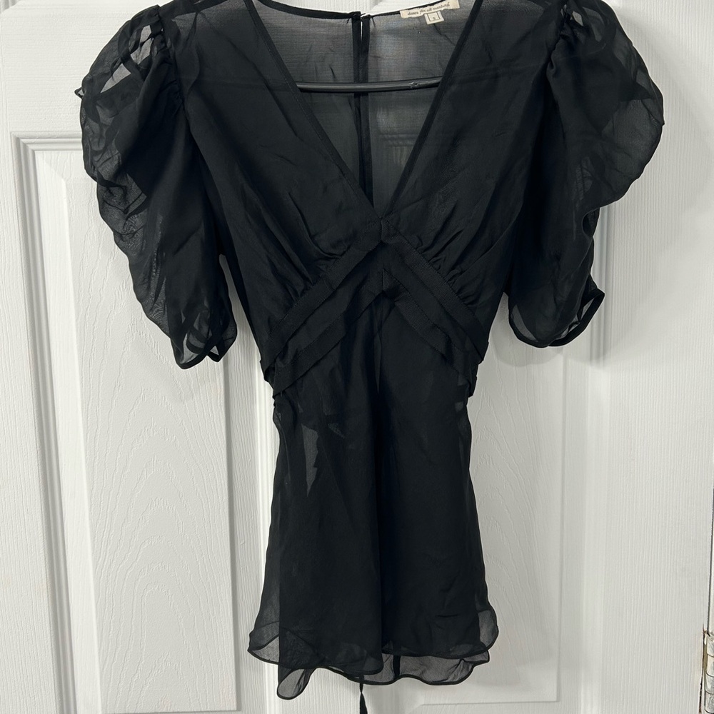 7 for all Mankind Puff Sleeve Sheer Black Top / Romantic Vintage Inspired Blouse